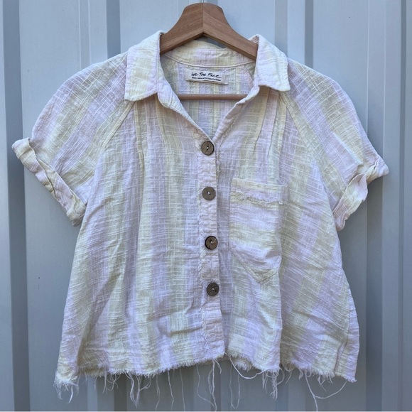 FREE PEOPLE Top Linen Woven Away at Sea Stripe Top Small S boxy Knit - Picture 11 of 12